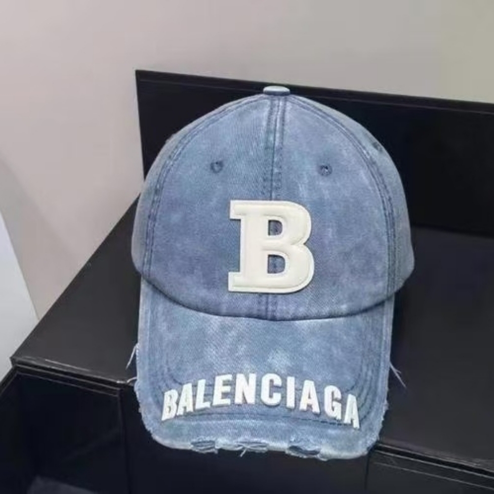 Balenciaga Distressed Denim Baseball Cap in Blue
